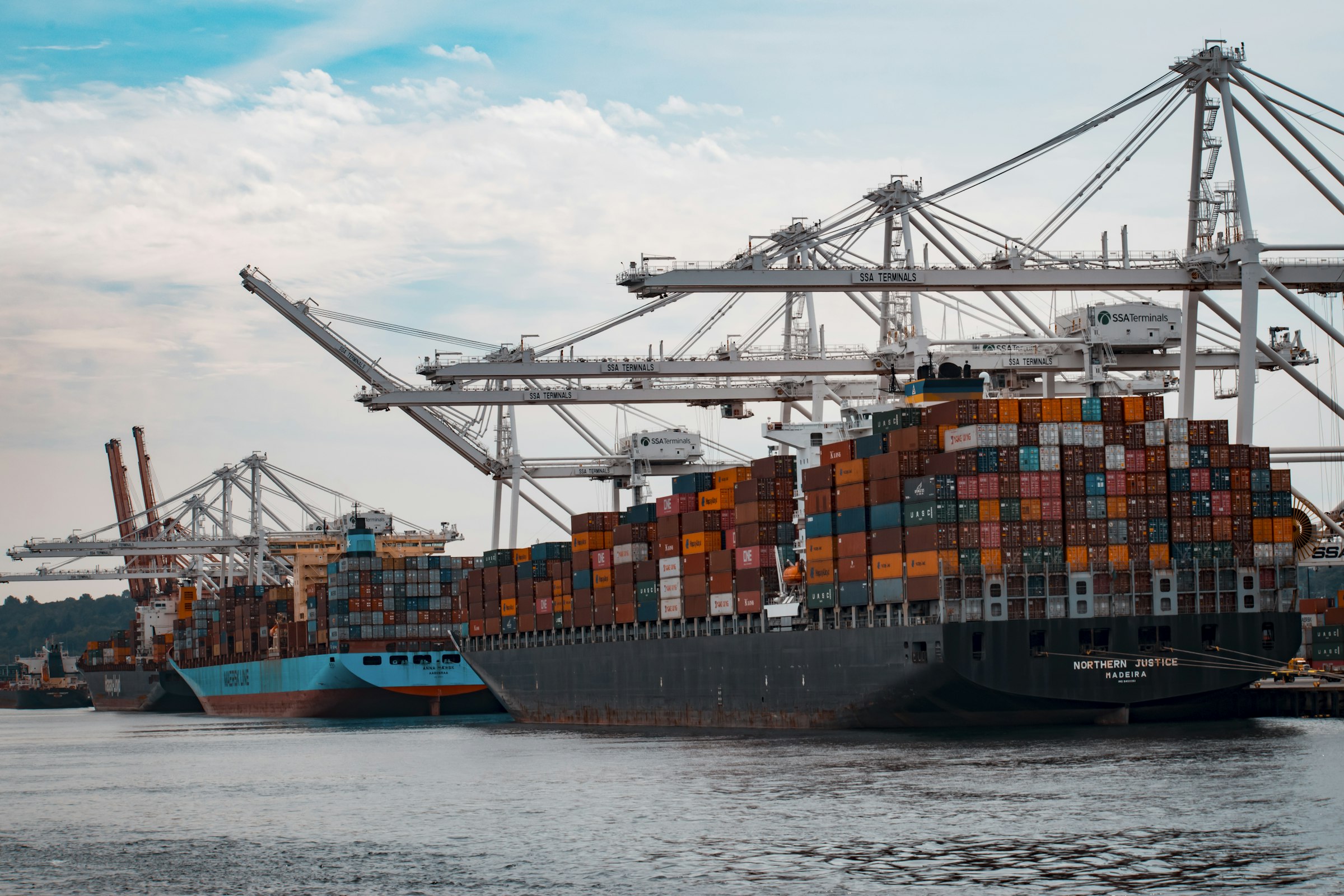 Container ships docked at a port beneath gantry cranes