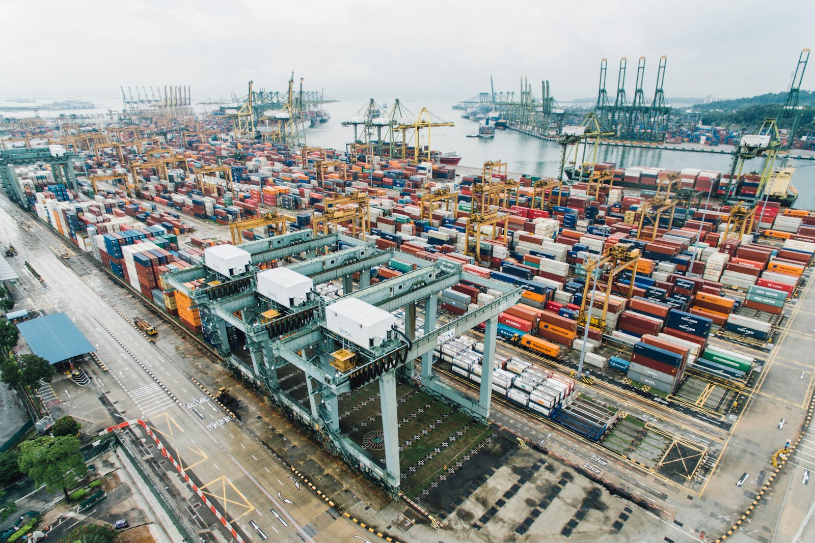 Container ships and gantry cranes at a port